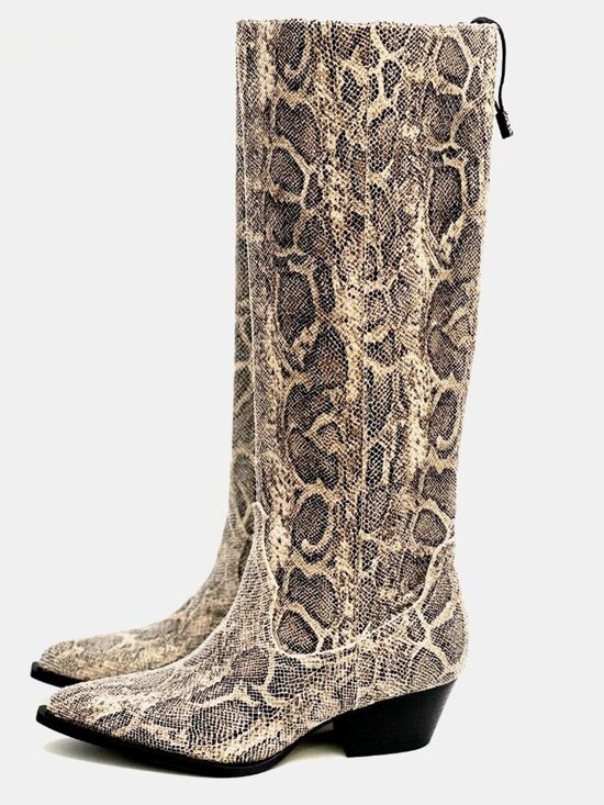 Zara Shoes - Women Snake-Print Tall Cowboy Boots - Gray/Tan Size 42/11 EUC